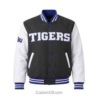 Custom Tennessee State University Denim Bomber Jacket front view with personalized college design