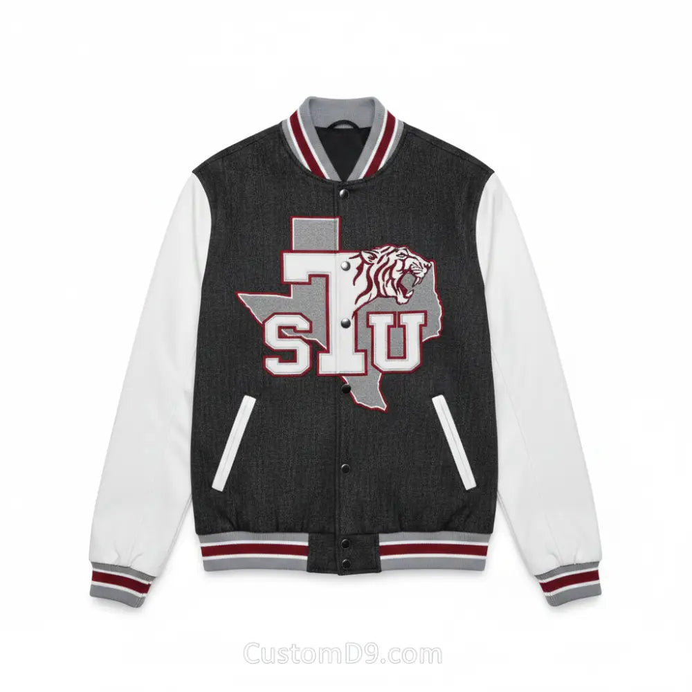 Custom Texas Southern University Denim Bomber Jacket front view with personalized college design