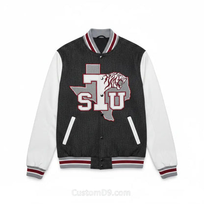 Custom Texas Southern University Denim Bomber Jacket front view with personalized college design