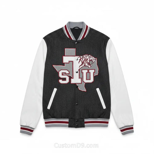 Custom Texas Southern University Denim Bomber Jacket front view with personalized college design