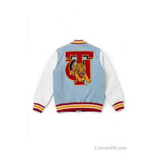 Custom Tuskegee University Denim Bomber Jacket front view with personalized college design