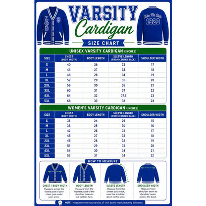 Custom sorority varsity cardigan size chart detailing unisex and women's sizes for personalized apparel.