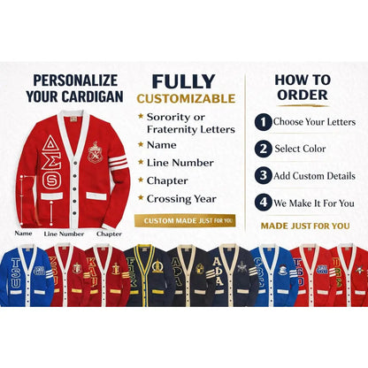 Custom Sorority Fraternity Cardigan modeled view of personalized Greek apparel