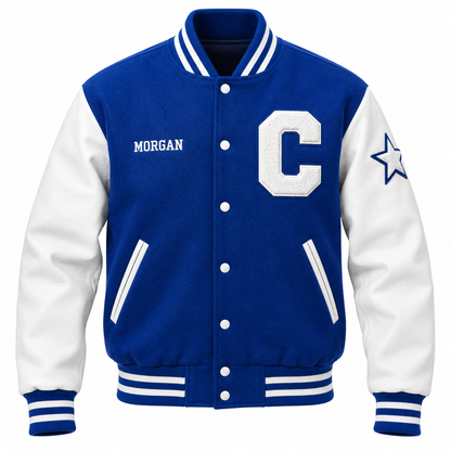 Royal blue wool and white leather-look sleeve custom high school letterman jacket