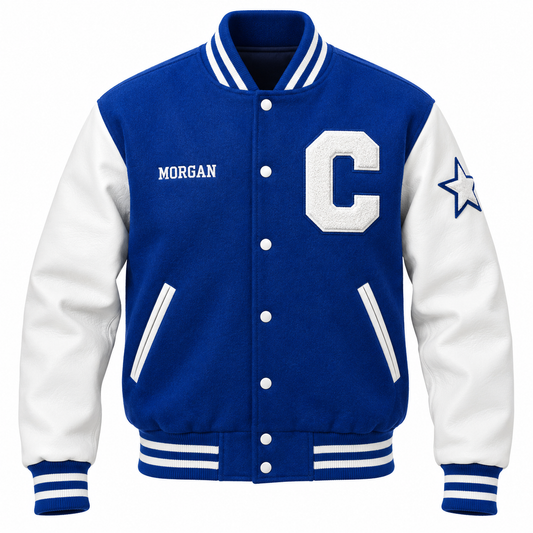 Royal blue wool and white leather-look sleeve custom high school letterman jacket