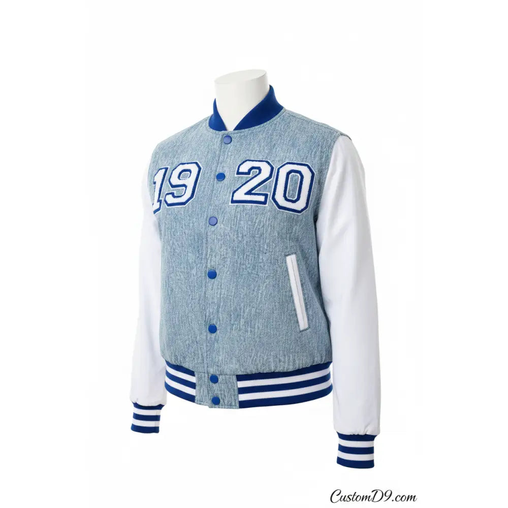 Custom Zeta Phi Beta Denim Bomber Jacket front view with personalized royal blue and white design