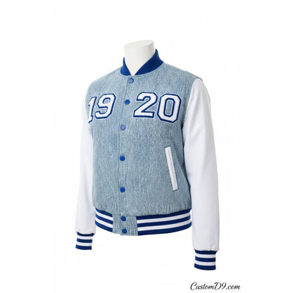 Custom Zeta Phi Beta Denim Bomber Jacket front view with personalized royal blue and white design
