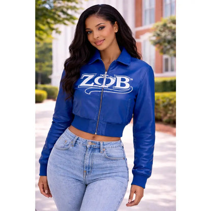 Models showing front and back embroidery on a royal blue Zeta Phi Beta leather crop jacket