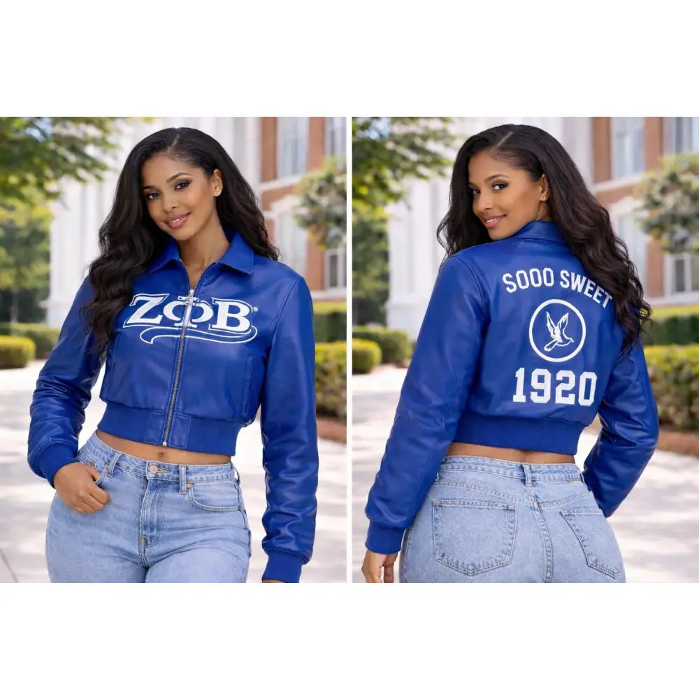 Model wearing a royal blue Zeta Phi Beta leather crop jacket with front embroidery
