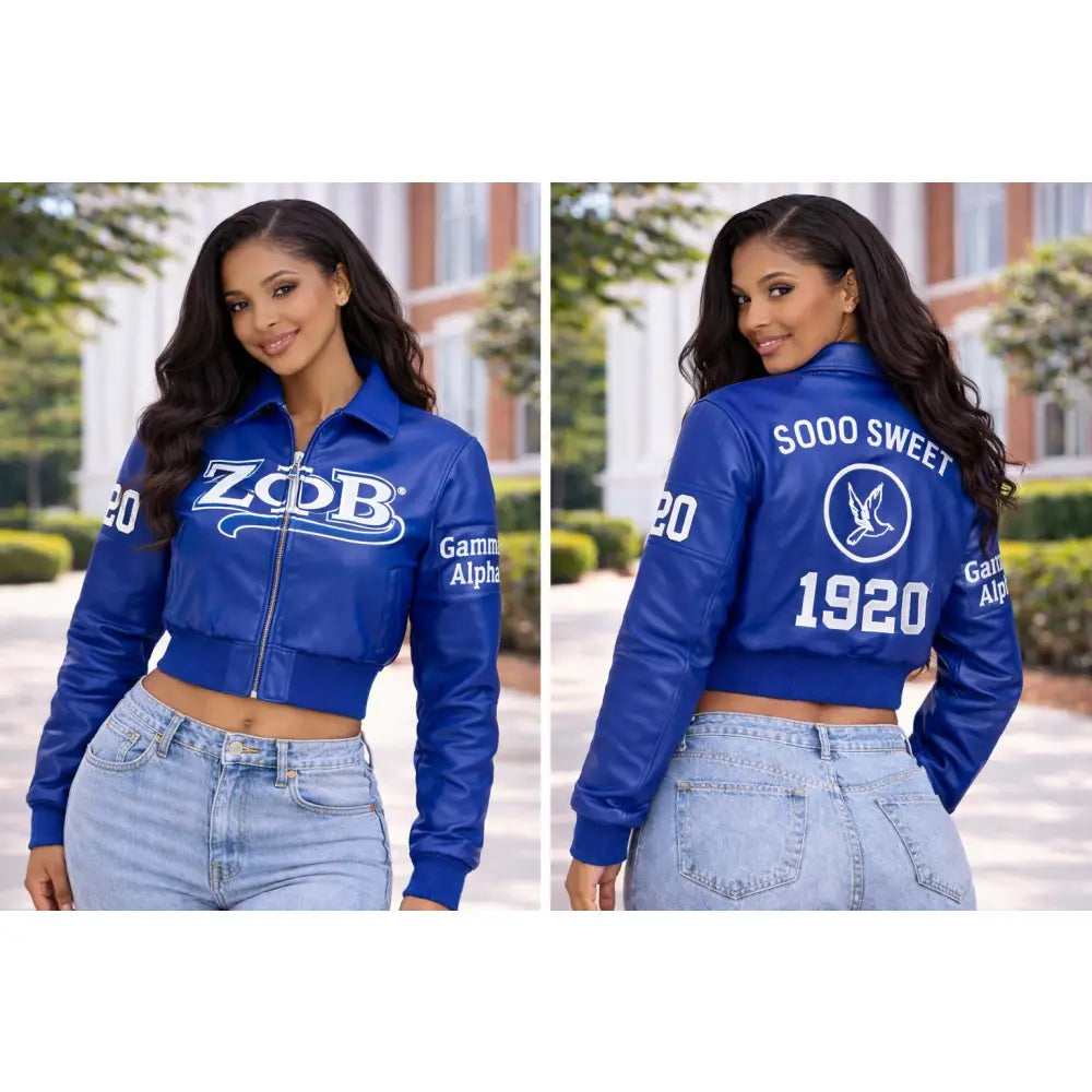 Red Zeta Phi Beta Cropped Line Jacket with personalized front, back, and sleeve embroidery