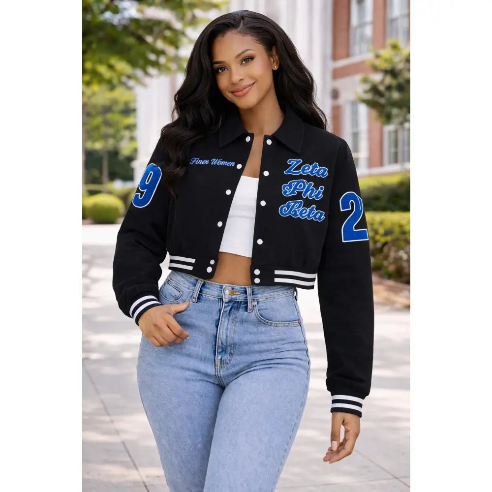 Red Zeta Phi Beta Cropped Line Jacket with personalized front, back, and sleeve embroidery