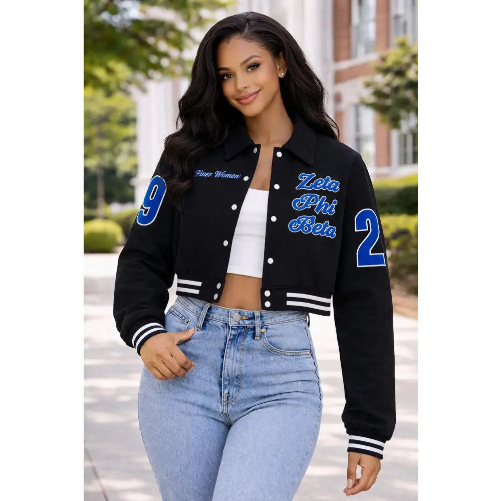 Red Zeta Phi Beta Cropped Line Jacket with personalized front, back, and sleeve embroidery