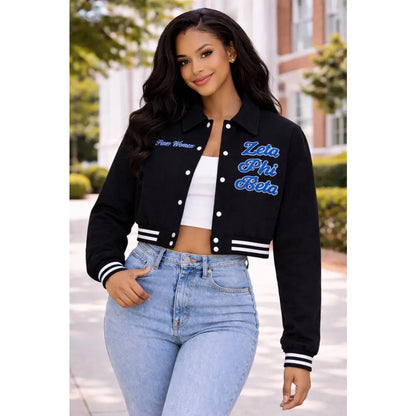 Red Zeta Phi Beta Cropped Line Jacket with personalized front, back, and sleeve embroidery