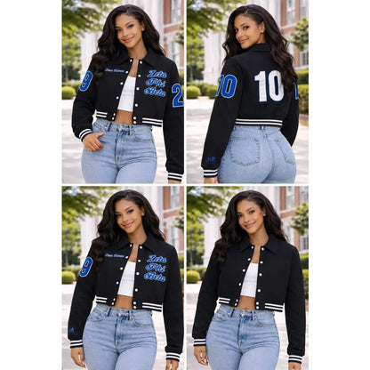 Red Zeta Phi Beta Cropped Line Jacket with personalized front, back, and sleeve embroidery