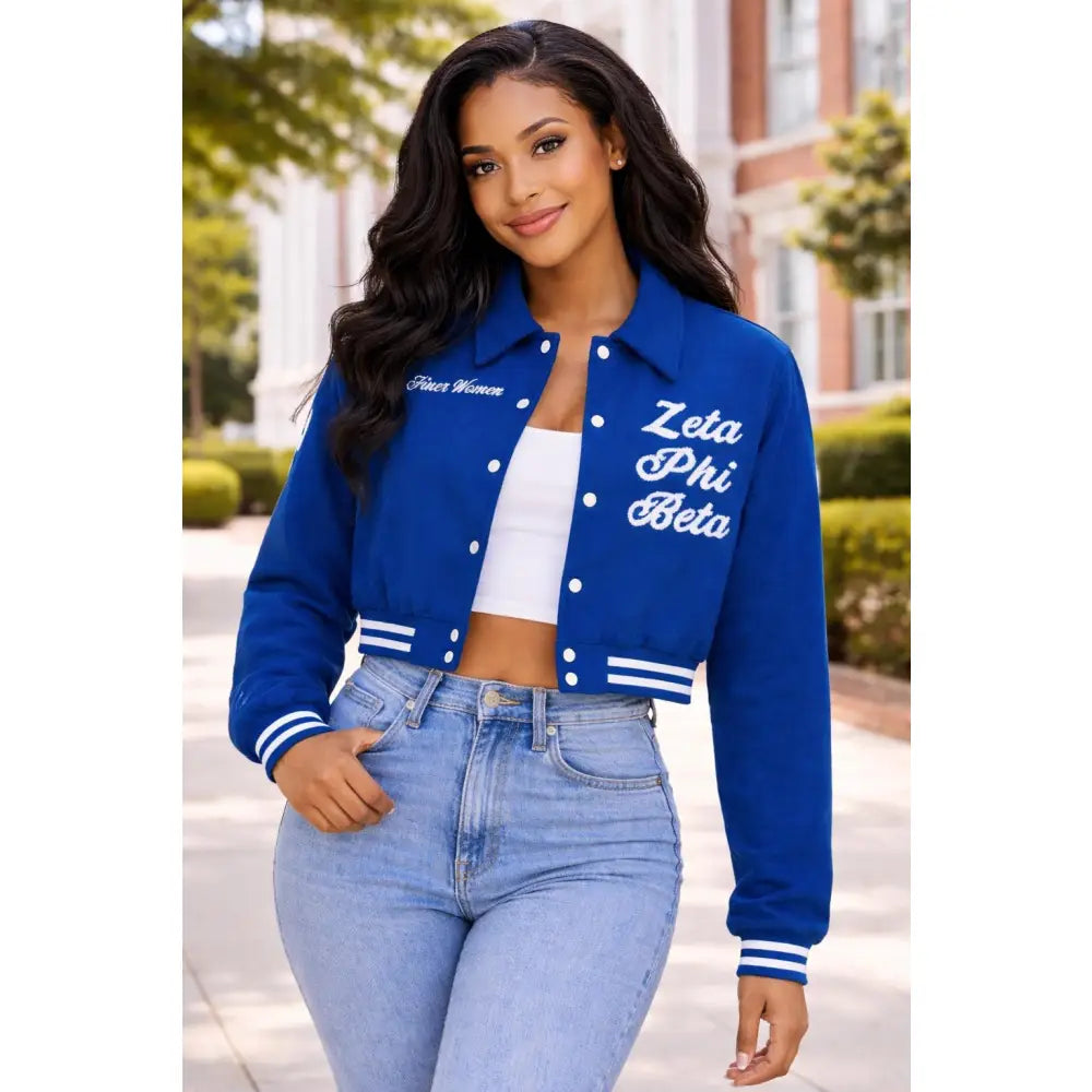 Black / Red Zeta Phi Beta Cropped Line Jacket with personalized front, back, and sleeve embroidery