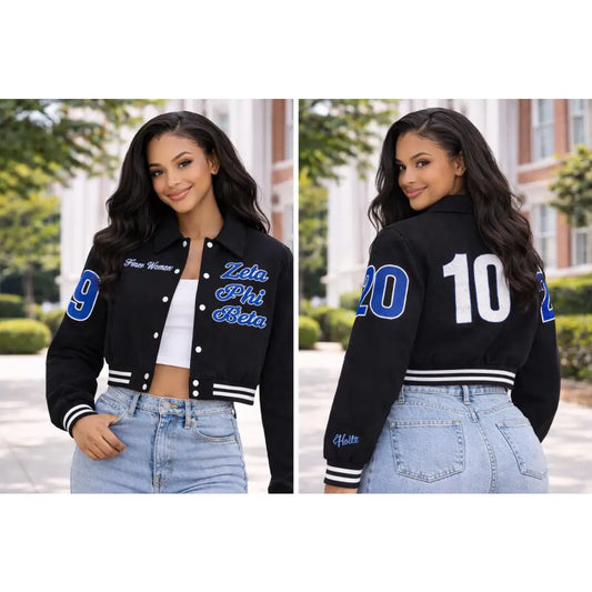 Red Zeta Phi Beta Cropped Line Jacket with personalized front, back, and sleeve embroidery