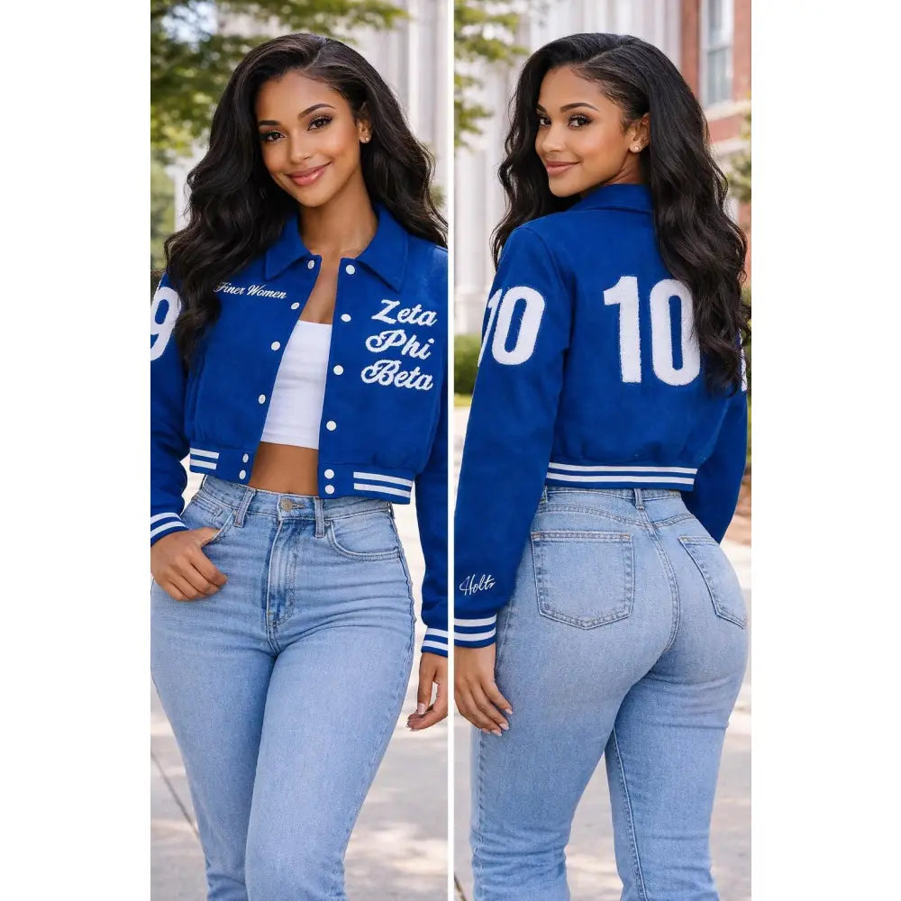 Black / Red Zeta Phi Beta Cropped Line Jacket with personalized front, back, and sleeve embroidery