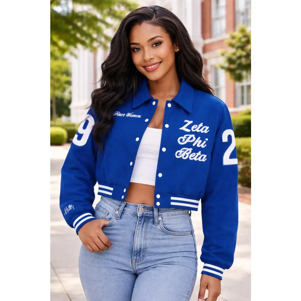 Black / Red Zeta Phi Beta Cropped Line Jacket with personalized front, back, and sleeve embroidery