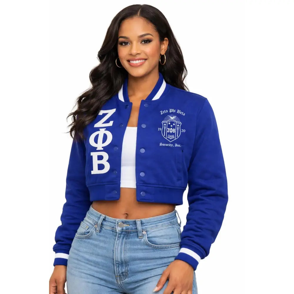 Red Zeta Phi Beta Cropped Line Jacket with personalized front, back, and sleeve embroidery
