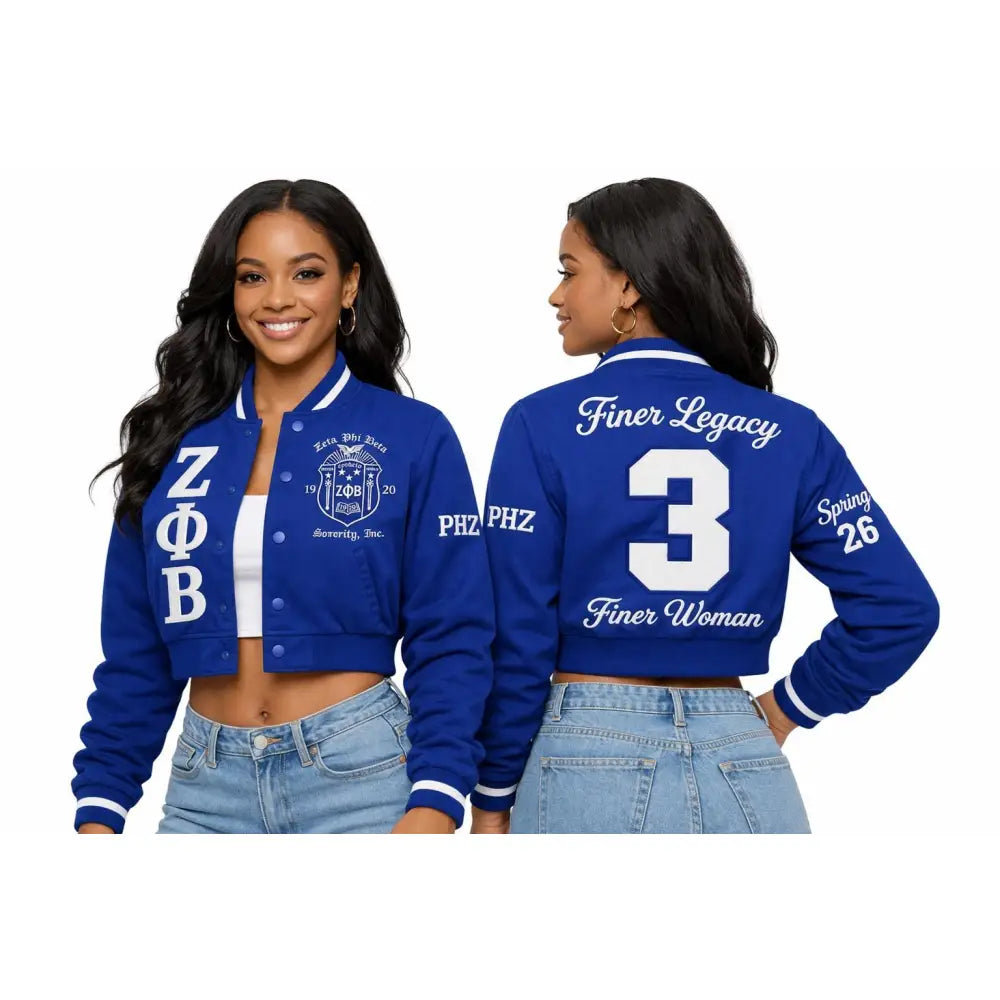 Red Zeta Phi Beta Cropped Line Jacket with personalized front, back, and sleeve embroidery