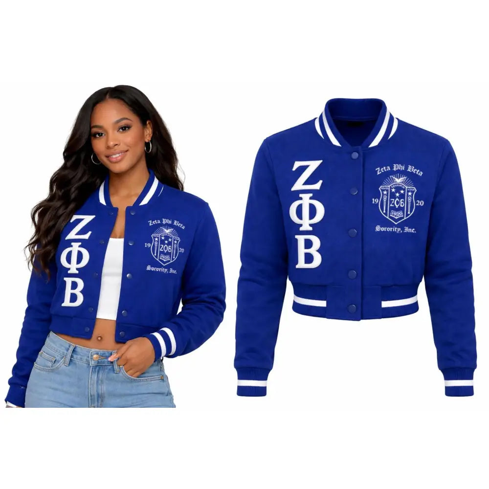 Red Zeta Phi Beta Cropped Line Jacket with personalized front, back, and sleeve embroidery