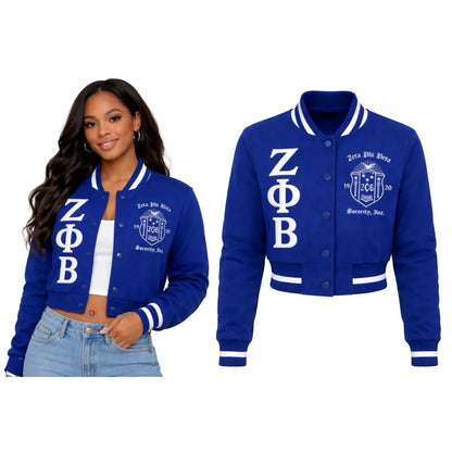 Red Zeta Phi Beta Cropped Line Jacket with personalized front, back, and sleeve embroidery