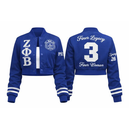 Red Zeta Phi Beta Cropped Line Jacket with personalized front, back, and sleeve embroidery