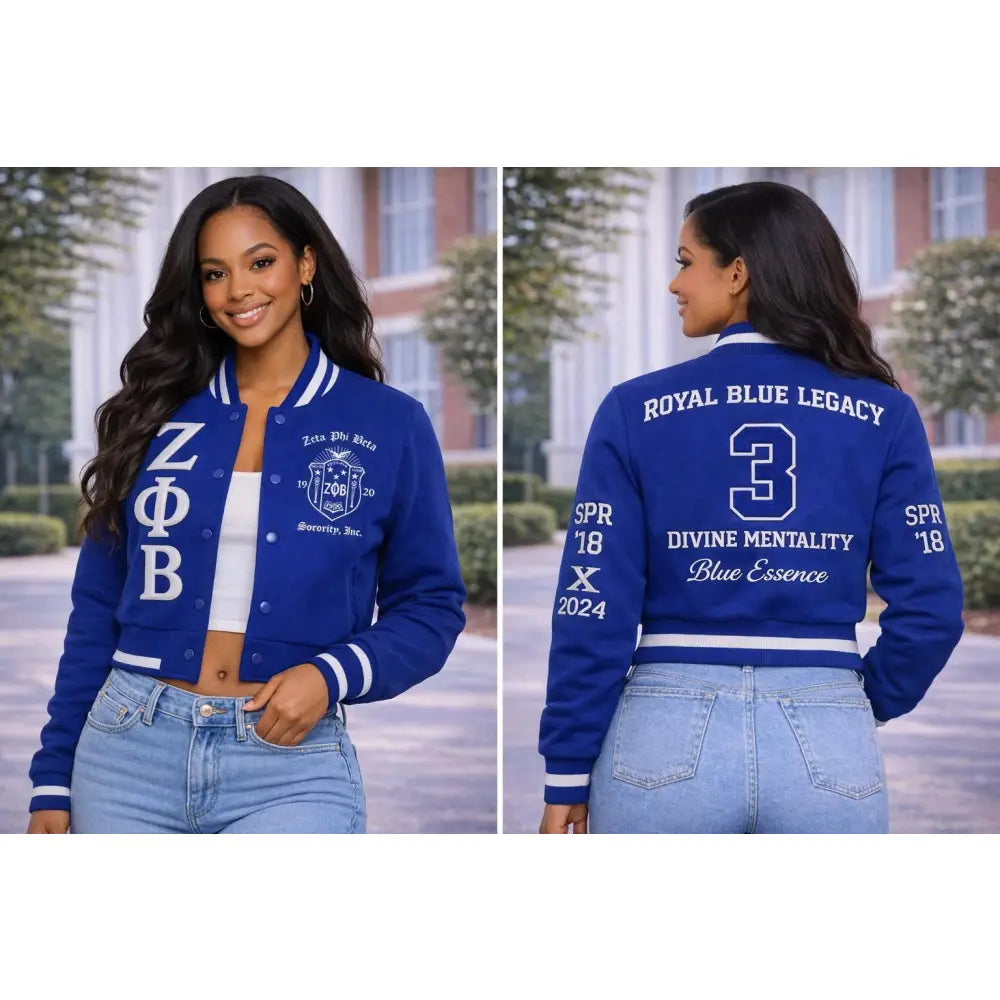 Red Zeta Phi Beta Cropped Line Jacket with personalized front, back, and sleeve embroidery