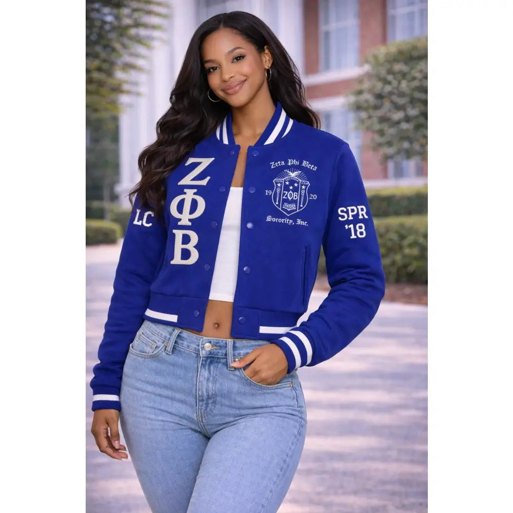 Red Zeta Phi Beta Cropped Line Jacket with personalized front, back, and sleeve embroidery