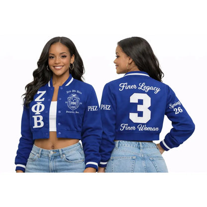 Red Zeta Phi Beta Cropped Line Jacket with personalized front, back, and sleeve embroidery