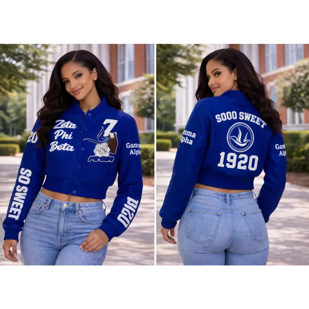 Red Zeta Phi Beta Cropped Line Jacket with personalized front, back, and sleeve embroidery