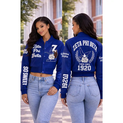 Red Zeta Phi Beta Cropped Line Jacket with personalized front, back, and sleeve embroidery