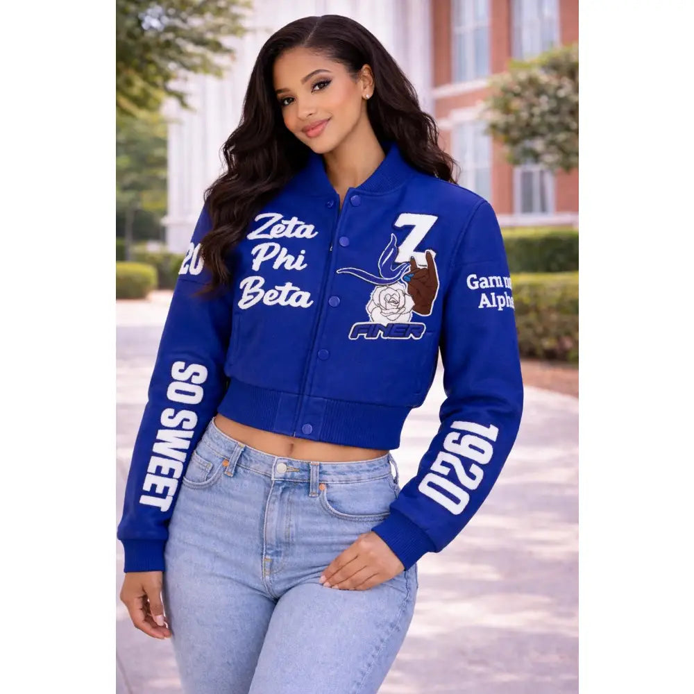 Red Zeta Phi Beta Cropped Line Jacket with personalized front, back, and sleeve embroidery