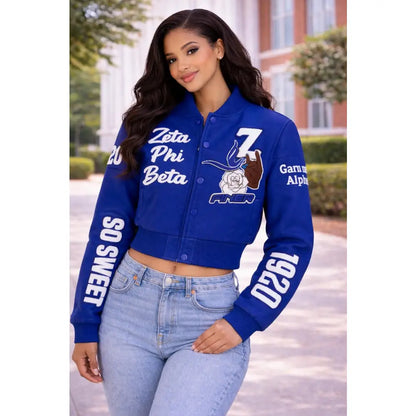 Red Zeta Phi Beta Cropped Line Jacket with personalized front, back, and sleeve embroidery