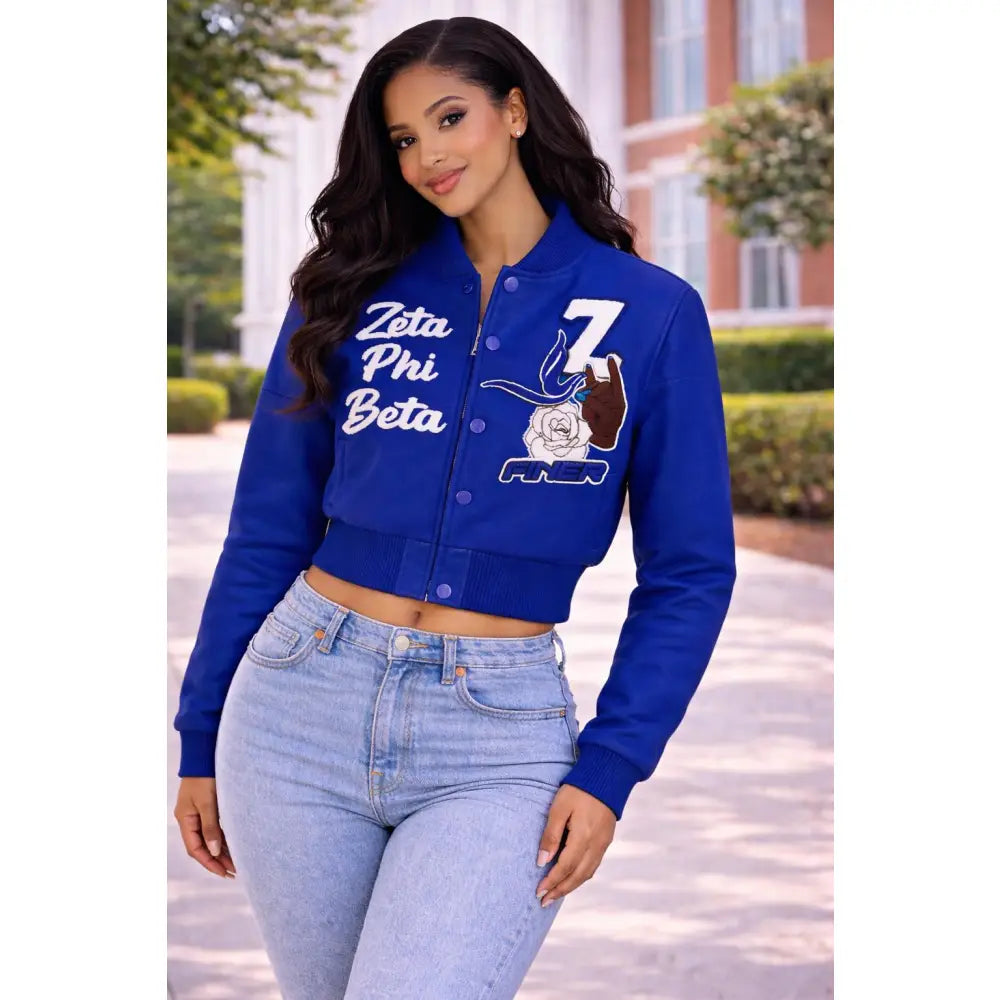 Red Zeta Phi Beta Cropped Line Jacket with personalized front, back, and sleeve embroidery