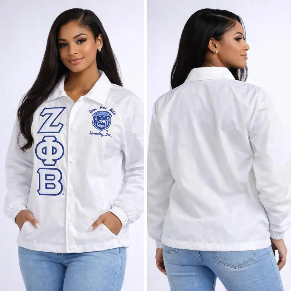 Royal Blue / White Zeta Phi Beta Custom Line Jacket with personalized front, back, and sleeve embroidery