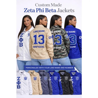 Royal Blue / White Zeta Phi Beta Custom Line Jacket with personalized front, back, and sleeve embroidery