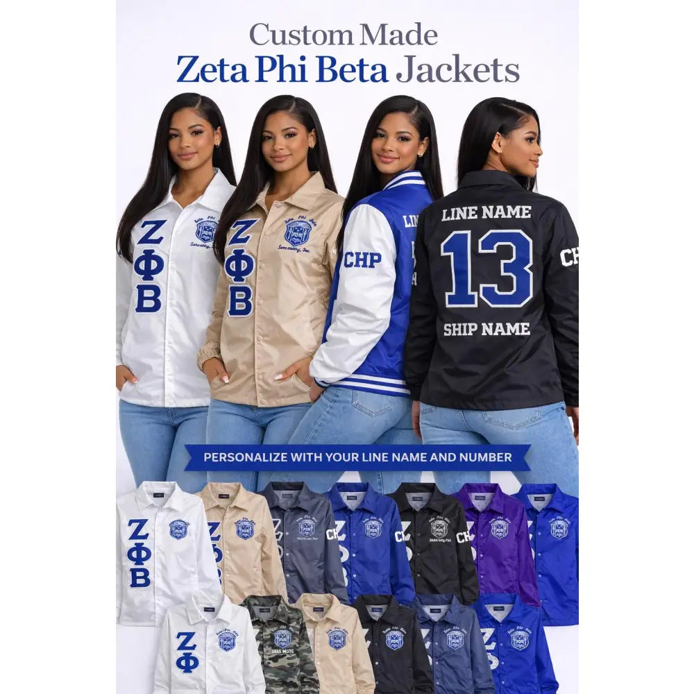 Red Zeta Phi Beta Coach Line Jacket with personalized front, back, and sleeve embroidery