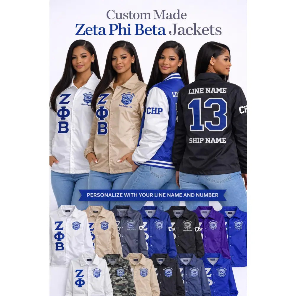 Royal Blue / White Zeta Phi Beta Custom Line Jacket with personalized front, back, and sleeve embroidery