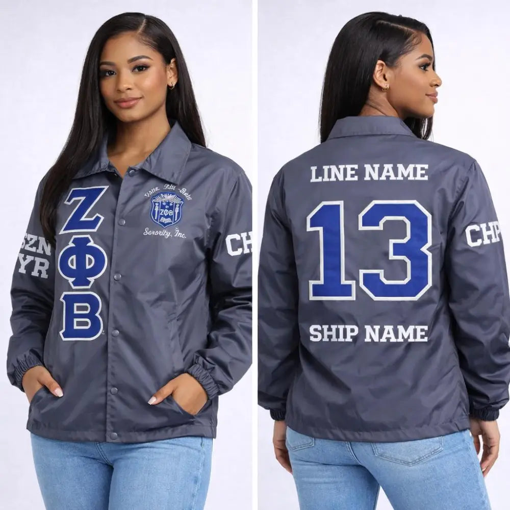 Royal Blue / White Zeta Phi Beta Custom Line Jacket with personalized front, back, and sleeve embroidery