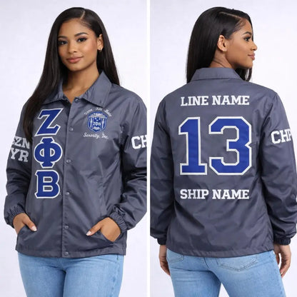 Royal Blue / White Zeta Phi Beta Custom Line Jacket with personalized front, back, and sleeve embroidery