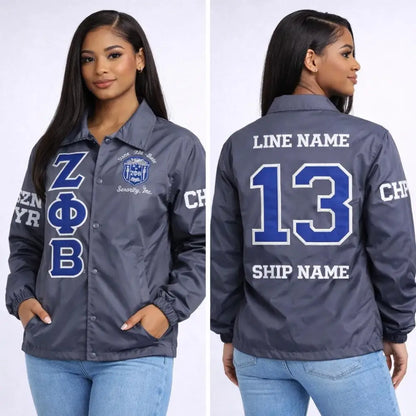 Red Zeta Phi Beta Coach Line Jacket with personalized front, back, and sleeve embroidery