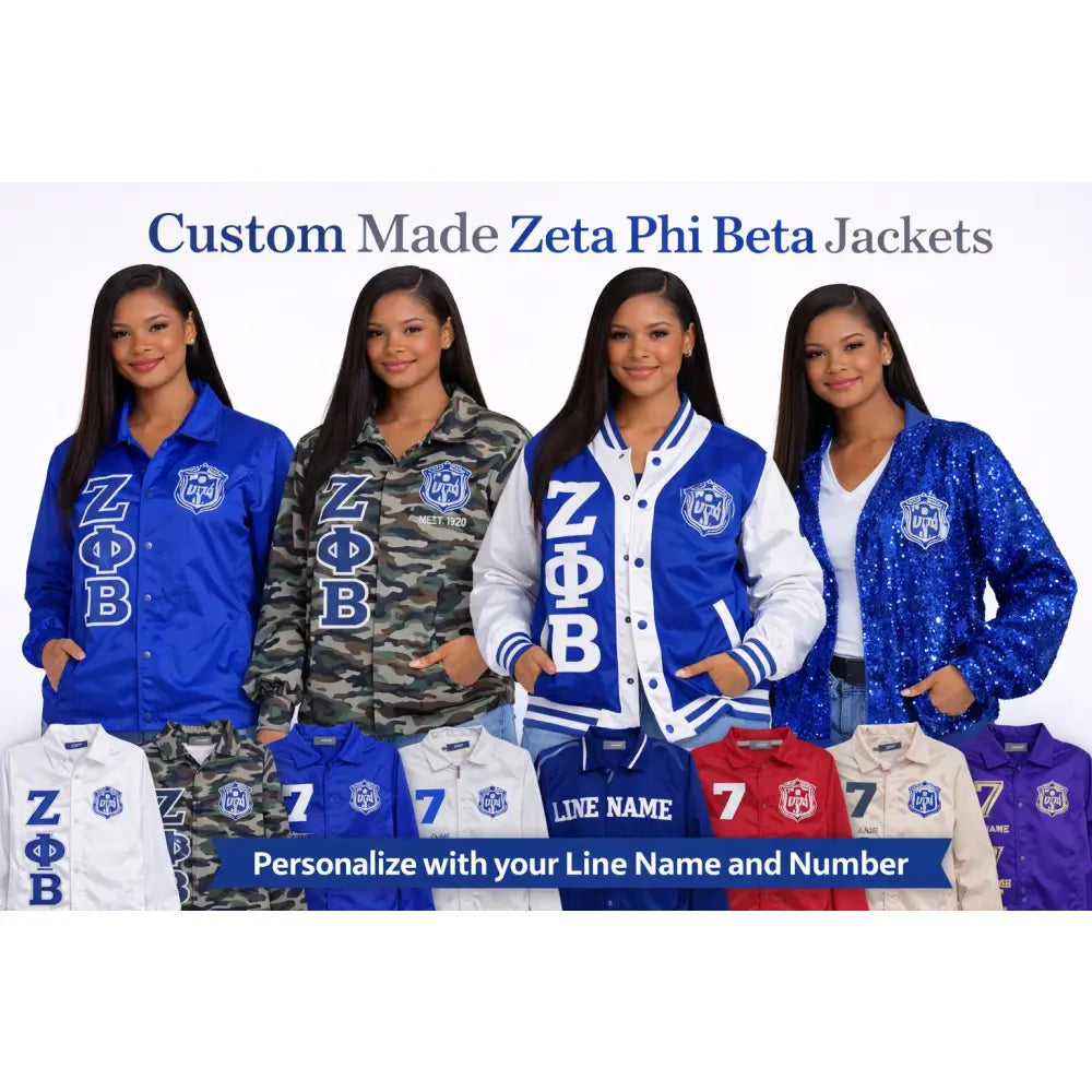 Royal Blue / White Zeta Phi Beta Custom Line Jacket with personalized front, back, and sleeve embroidery