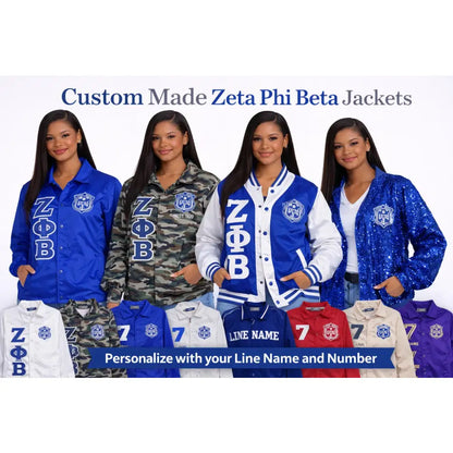 Royal Blue / White Zeta Phi Beta Custom Line Jacket with personalized front, back, and sleeve embroidery