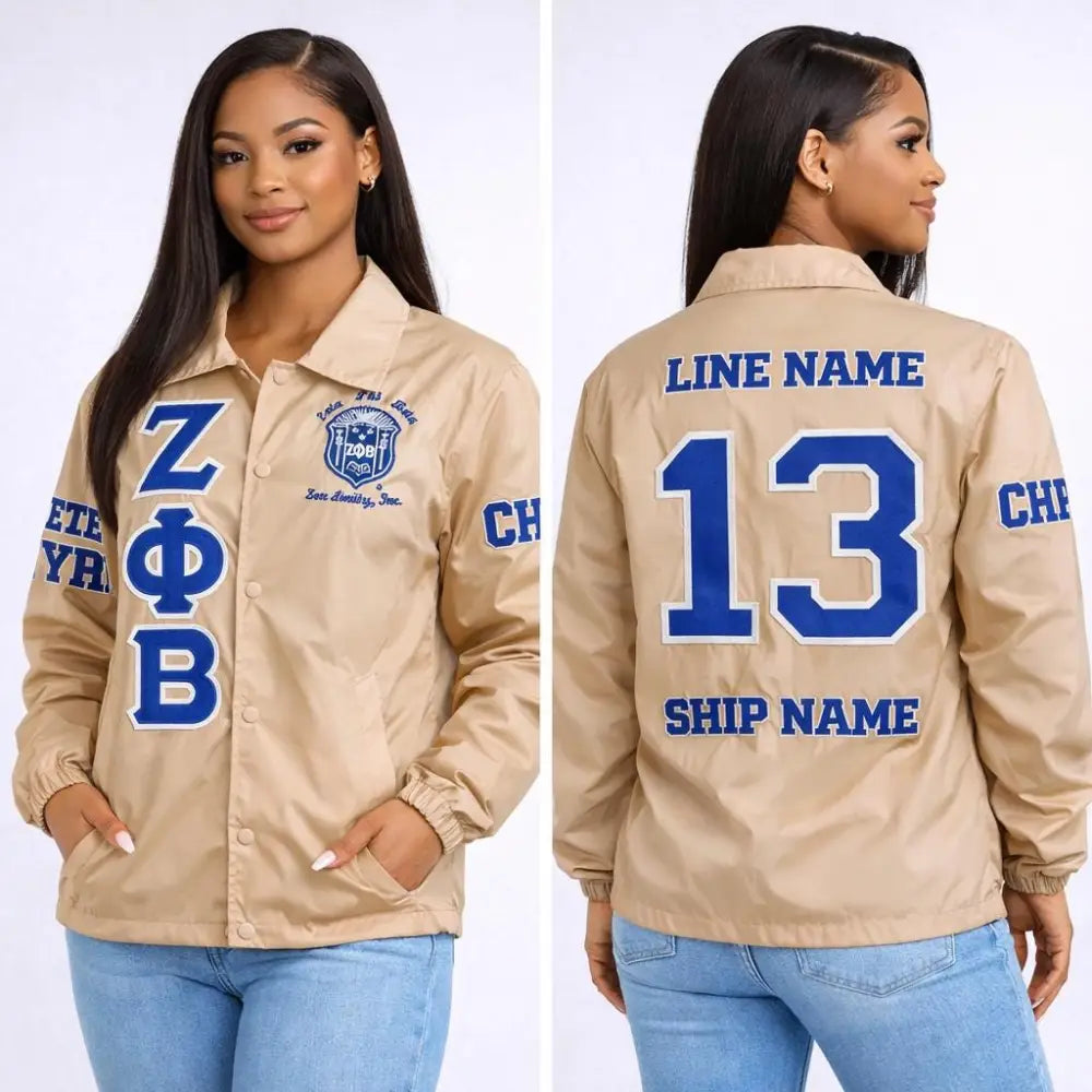 Royal Blue / White Zeta Phi Beta Custom Line Jacket with personalized front, back, and sleeve embroidery