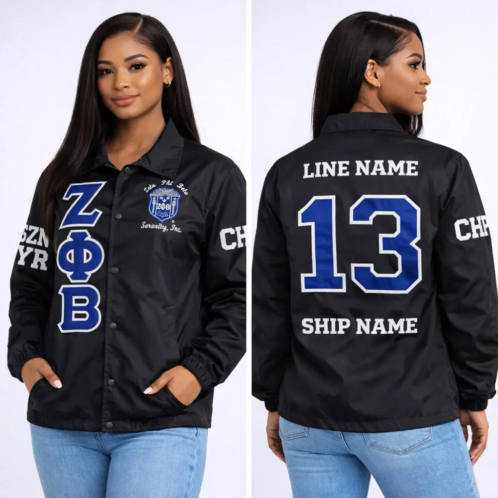 Royal Blue / White Zeta Phi Beta Custom Line Jacket with personalized front, back, and sleeve embroidery