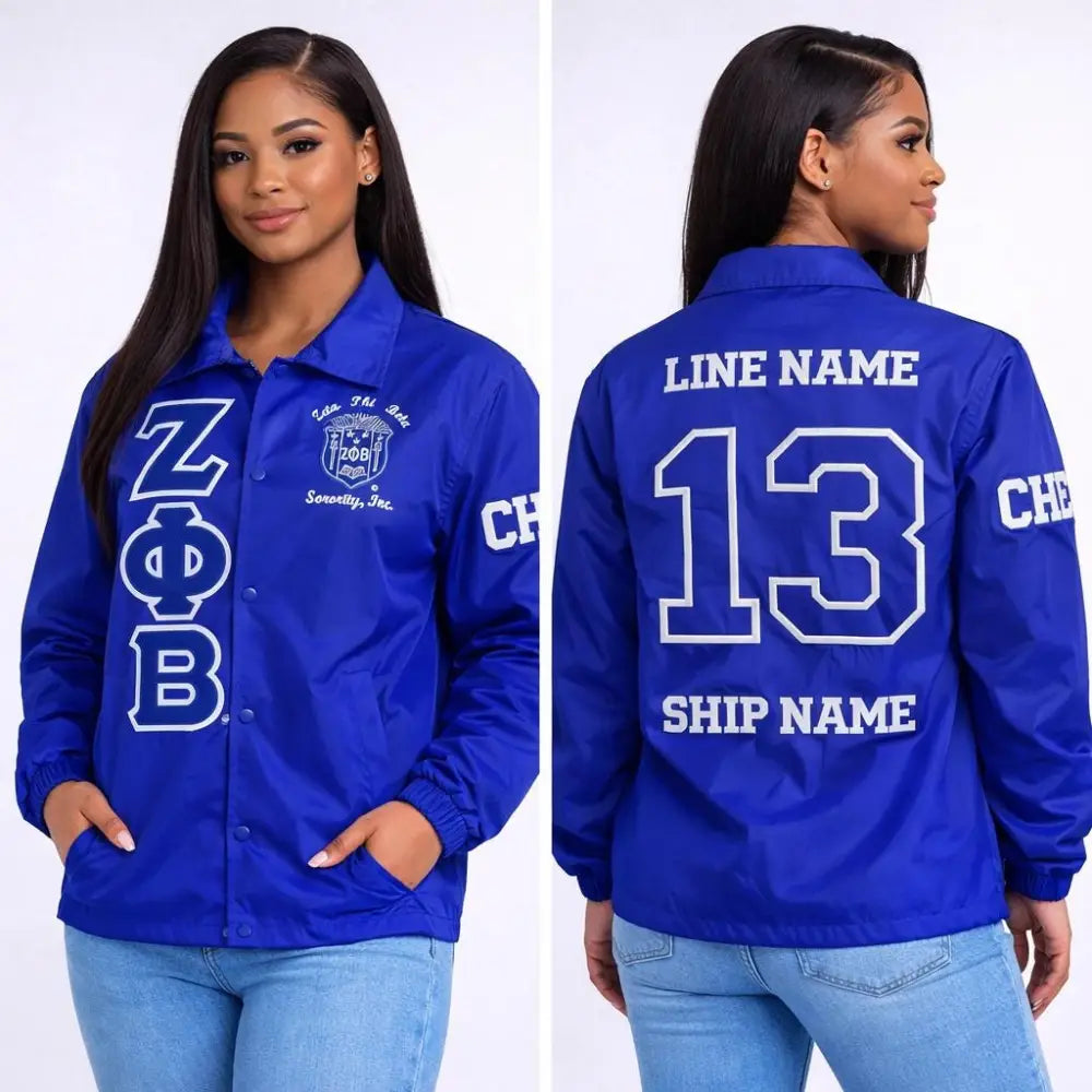 Royal Blue / White Zeta Phi Beta Custom Line Jacket with personalized front, back, and sleeve embroidery