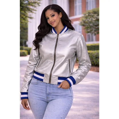 Custom Zeta Phi Beta Silver Satin Bomber Jacket product image 7