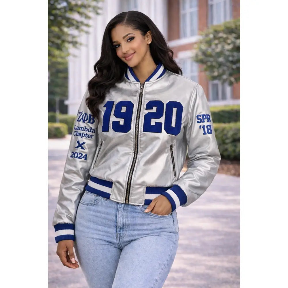Custom Zeta Phi Beta Silver Satin Bomber Jacket front and back personalized product display