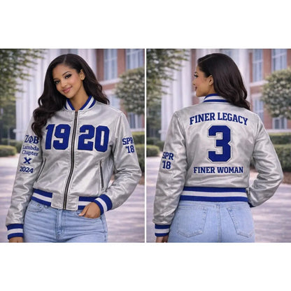 Custom Zeta Phi Beta Silver Satin Bomber Jacket front view with personalized royal blue and white design